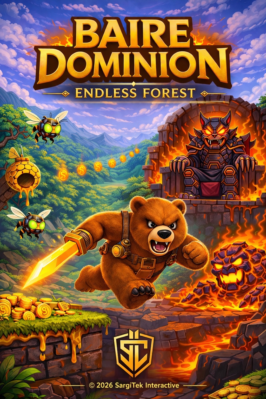Baire Dominion Endless Forest artwork, with a sword-wielding bear, honey, and a fiery throne